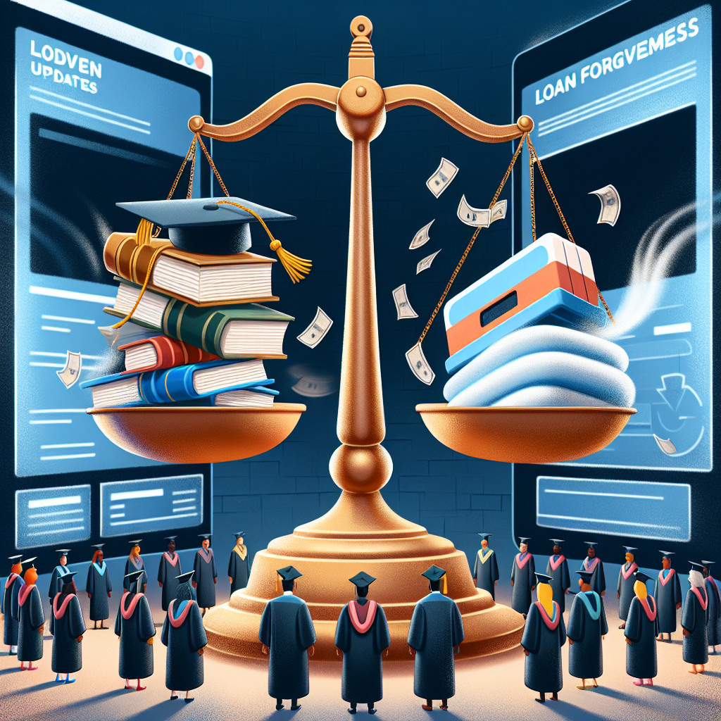 Envision an image symbolizing the concept of 'Student Loan Repayment: Effortless Forgiveness Updates'. Picture a set of golden scales perfectly balanced, demonstrating fairness and justice. On one side of the balance, lay a pile of student books representing education. It's opposed by a swooshing eraser on the other, symbolizing the wiping of student debt. Behind the balance, a giant computer monitor displays 'Loan Forgiveness Updates' in bold letters. The foreground has various racially diverse characters in university graduation gowns, each one showing a relieved expression as their loans are forgiven.