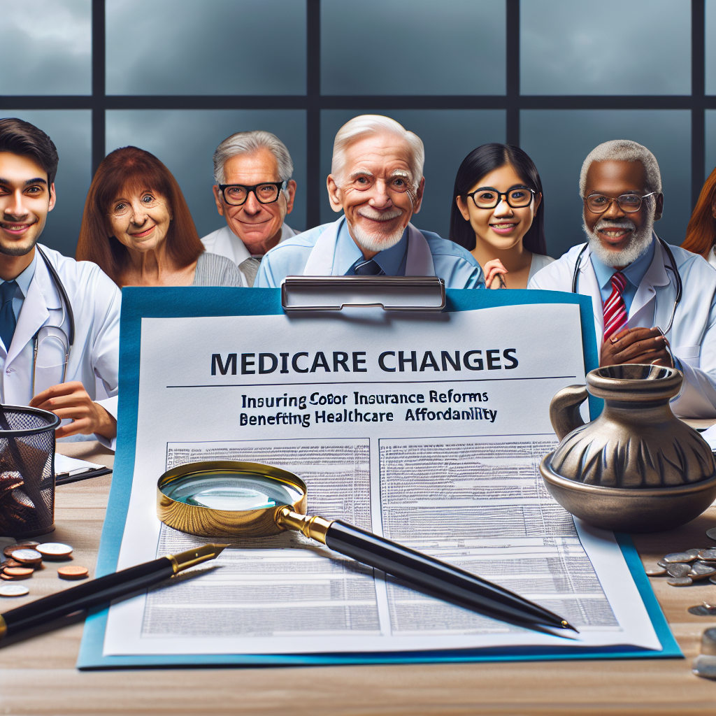 Visualize an intriguing scene representing insurance reforms benefiting healthcare affordability. Display a document titled 'Medicare Changes' in the foreground, with a quill pen and a magnifying glass nearby. In the background, showcase diverse individuals experiencing relief and satisfaction; a young Hispanic male nurse; a mature Asian woman, presumably a patient; a Caucasian elder gentleman, likely a beneficiary; and a Middle-Eastern female doctor. To symbolize seamless adaptation, visualize the paperwork transforming into a low-cost medical bill.