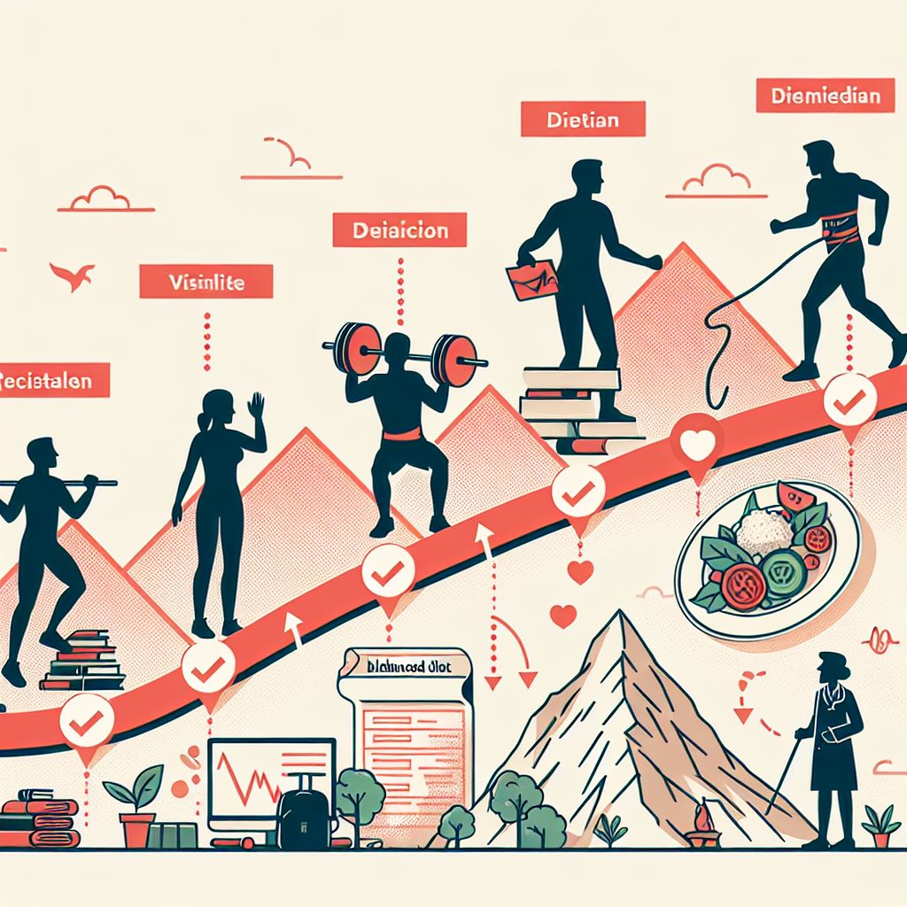 An illustration of a timeline representing various health milestones. The timeline starts from a symbolic representation of a person taking initial steps towards good health like joining a fitness club, represented as a silhouette lifting weights. The next event shows the person visiting a dietician, symbolized by a plate of balanced diet. The following event shows the person participating in a marathon, represented by a finish line. The final milestone represents the person climbing a mountain to symbolize the person reaching optimal health. Overlay these images with text labels to show the progression.