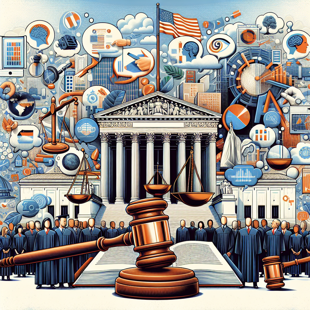 A detailed illustration centered around the theme of the US Supreme Court. Foreground featuring a generic gavel, a balanced scale symbolizing justice, and a thick tome to represent law books. Background consists of a grand building symbolizing the Supreme Court, American flags waving in the breeze, and a collection of anonymous people of different genders and descents in court robes representing justices. Interspersed throughout are thought bubbles with abstract icons symbolizing various impacts of law - perhaps a family, a business, an environment, and a globe. The title: 'US Supreme Court Rulings: Must-Have Insights and Impacts' prominently displayed.