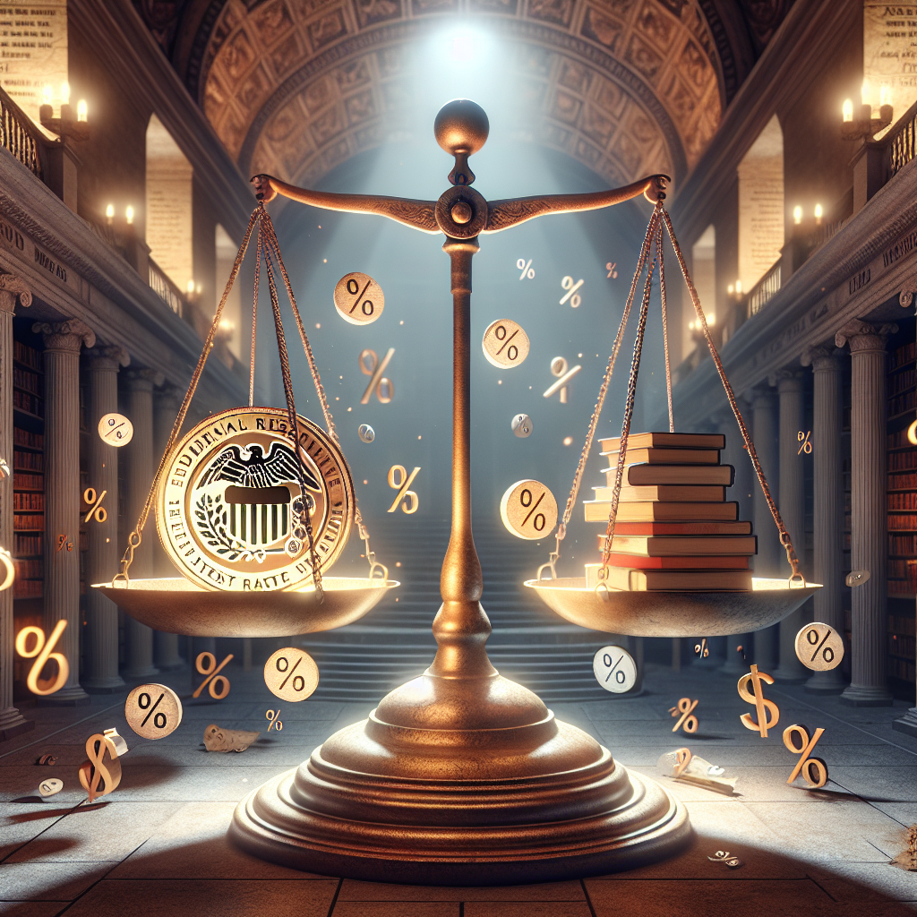Visualize an abstract representation of the concept of 'Federal Reserve Interest Rate Decisions'. Show a large, vintage-style scale balanced in a grand library with stacks of books. One side of the scale is weighed down with a golden coin engraved 'Interest Rate', and the other side is balanced with an ancient scroll labeled 'Decisions'. Floating around are symbols of percentage signs and dollar signs. The environment is bathed in a mystical, warm light, hinting at the importance and power of the decisions made here. Please do not depict any specific individuals.