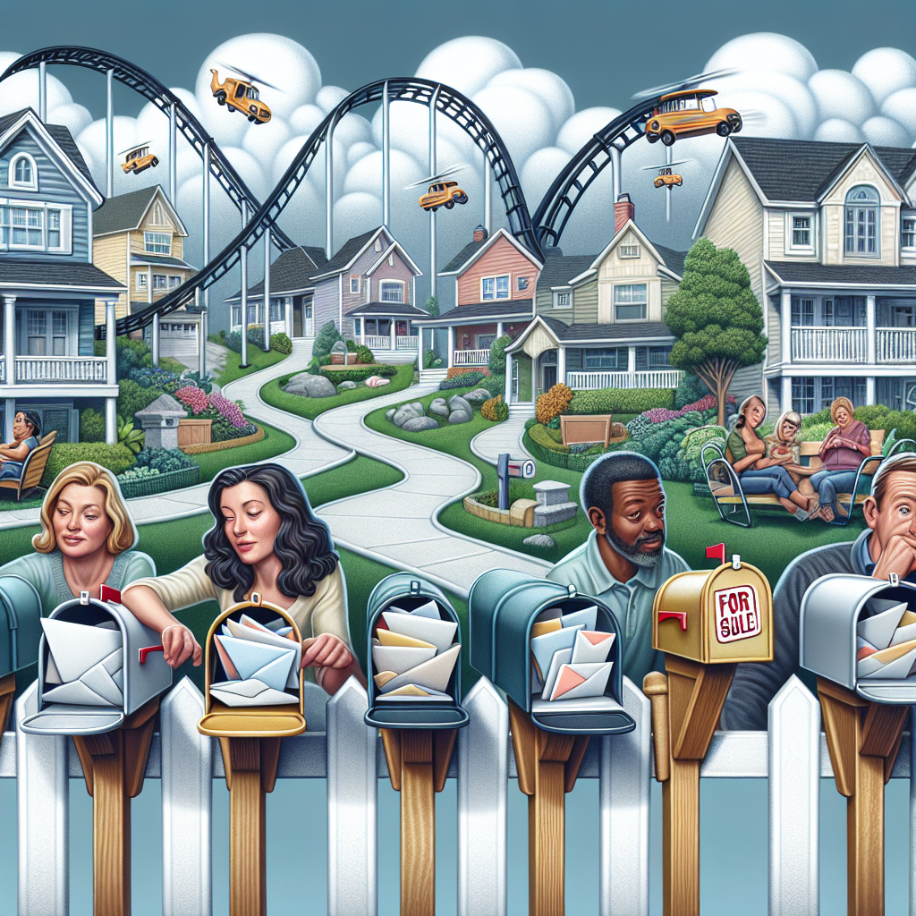 A detailed scene of an American suburban neighborhood with diverse groups of individuals, among them a Caucasian woman and a Hispanic man, looking at their mail in anticipation. The mailboxes are chockfull with various letters. Some of the houses in the background have a 'For Sale' sign, others have a 'Sold' sign. Fluffy clouds float over the scene, casting shadows on the green lawns and cozy houses with white picket fences. The roller coaster graphic in the corner of the image symbolizes the surge in mortgage rates.