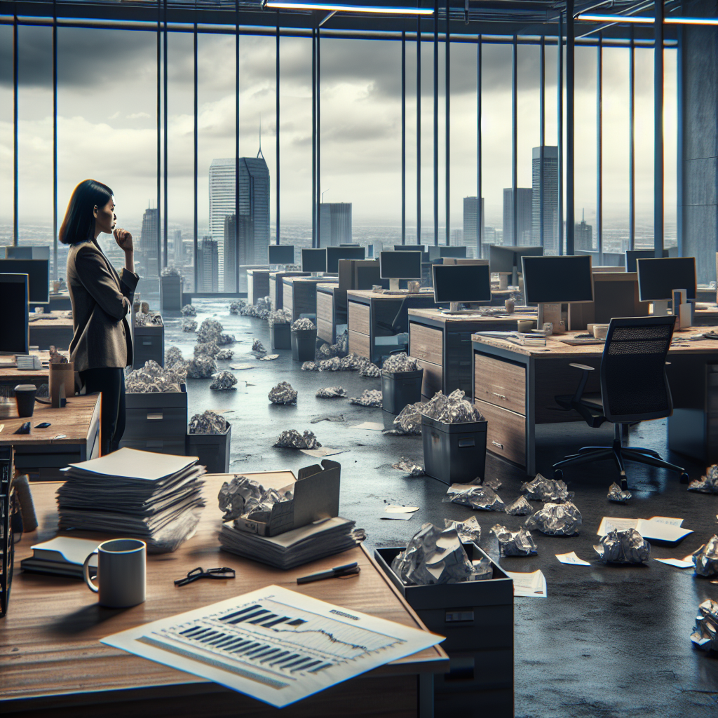 Depict an empty office scene, with abandoned desks littered with computer monitors, discarded coffee mugs, and stacks of paper, left in the wake of mass layoffs at a company in the technology industry. Convey a sense of eeriness and silence, emphasizing the emptiness. Provide visual metaphors such as crumpled resignation letters and a human resource executive - an Asian female, looking dejected and worried, analyzing an employment chart showing a downward trend in the foreground. Integrate a cloudy sky visible through large office windows in the background, symbolizing uncertainty and a tumultuous journey ahead.
