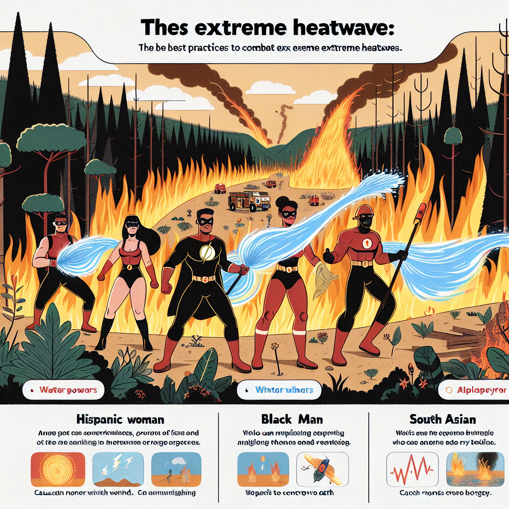 Visualize a scene of an intense heatwave causing a wildfire in a dense forest. Amidst the chaos, a group of superheroes are engaged in firefighting activities. These superheroes consists of a Hispanic woman using water-based powers, a Caucasian man with the ability to control wind, a Black woman who can manipulate earth to create barriers and a South Asian man who can amplify the efforts of others through energy booster abilities. Also, visualize a sidebar with text bullet points stating the best practices to combat extreme heatwaves.