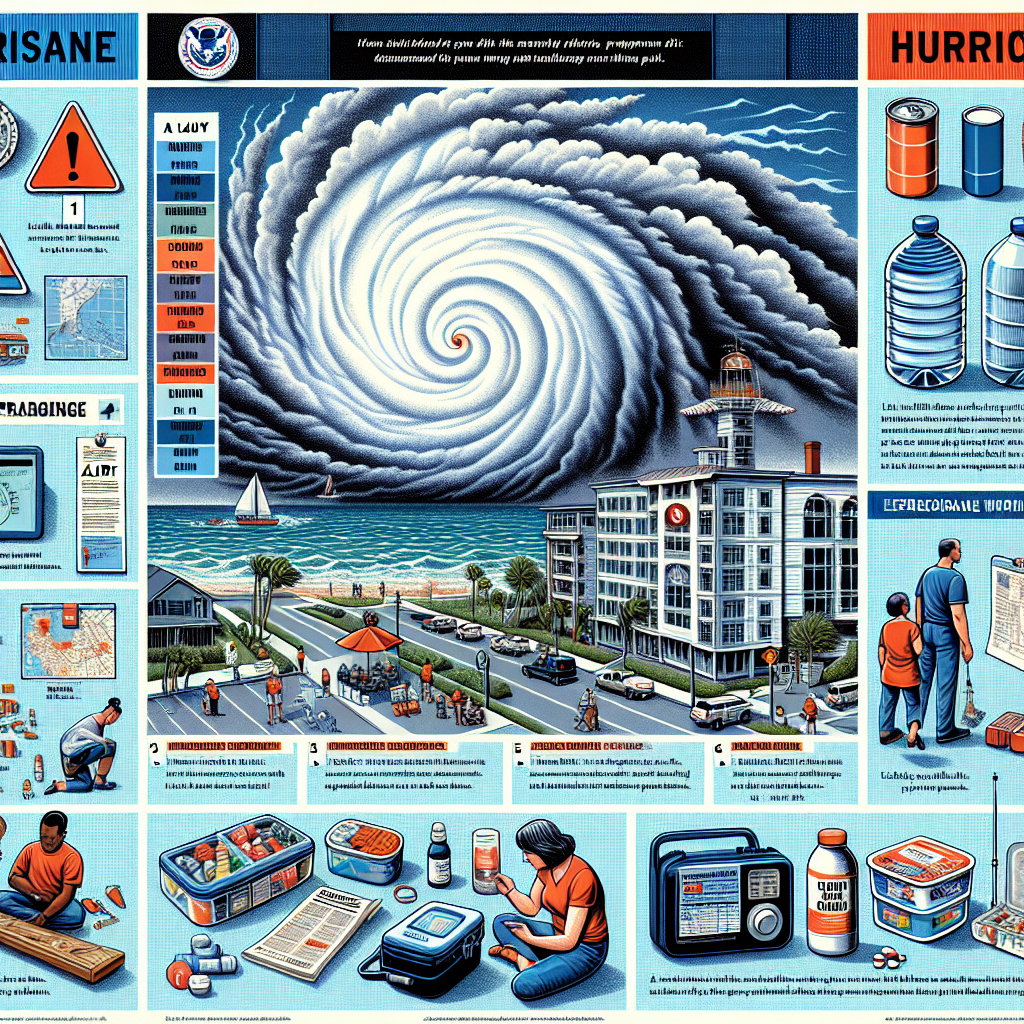 A detailed and informative illustration showcasing a layout of FEMA's hurricane preparedness plan. Focal points include a detailed illustrative radar image of an imposing hurricane brewing over the ocean, an informative graphic showing the hurricane categories from 1 to 5, and a depiction of essential items for an emergency hurricane kit such as bottled water, canned food, a battery-powered radio, and medications. Additionally, create a piece of the scene featuring an alert device showing timely hurricane warnings. Carefully include an eclectic mix of individuals from all walks of life, of varying descents and genders, actively participating in their own preparedness, such as securing their homes and checking alert messages.
