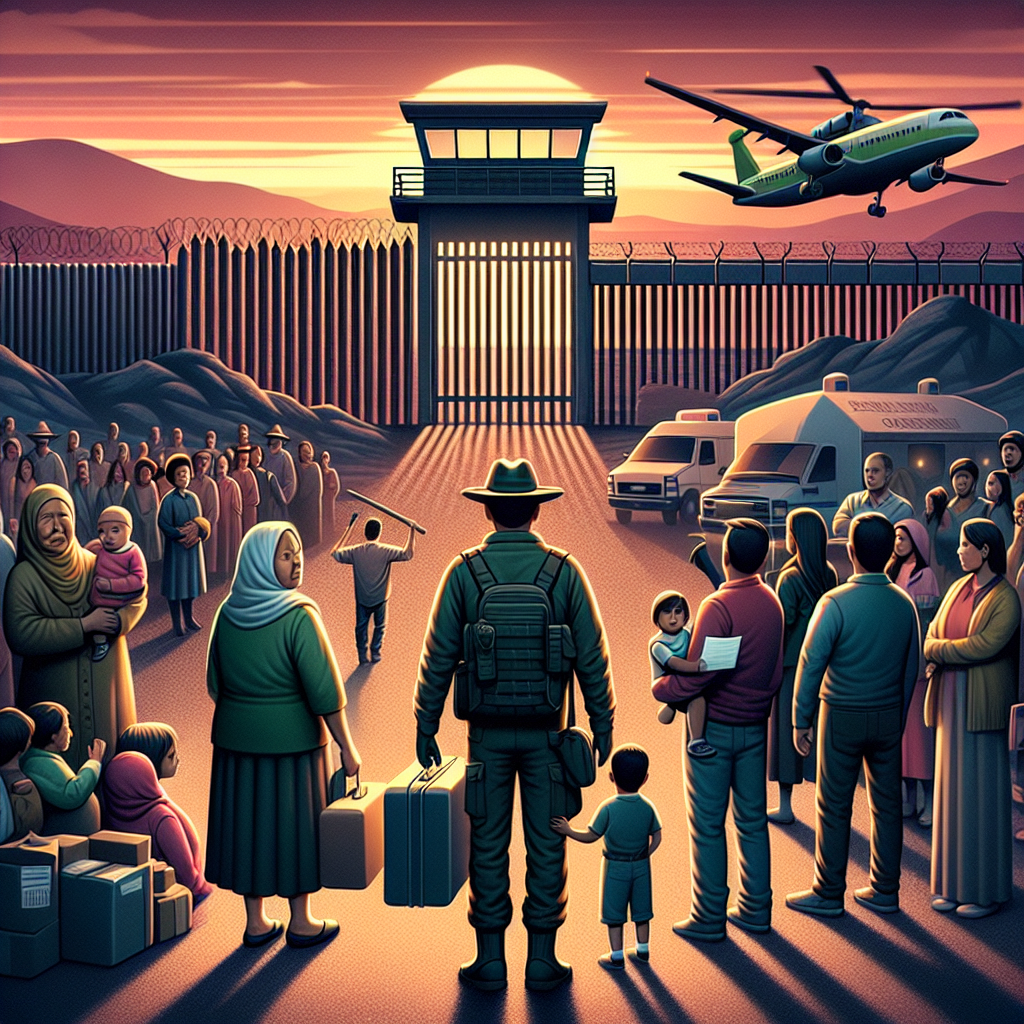 An image depicting a balanced view into the essence of immigration policy updates, focusing particularly on security improvements. Show the tension between the fortified border, represented by a tall gate indicative of strengthened control measures, and the hopeful immigrants standing at a safe distance, holding essential tools or skills that underline their potential contribution to their destined country. Make sure to depict a diverse group of people, for instance, an elderly Asian woman, a Middle-Eastern young man with documents, and a Hispanic family with children. Let the sunset and wide expanse convey the vast journey and hopeful promise of a safer future.