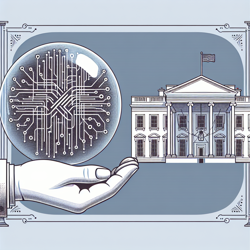 Design an image that illustrates the concept of AI regulation. On one side, depict a hand symbolizing the hand of regulation holding a transparent sphere that contains a complex network of nodes and interconnecting lines symbolizing artificial intelligence system. In the background, show an image of the White House symbolizing the involvement of legislative bodies. Please ensure to use neutral and respectful symbols for the illustration.