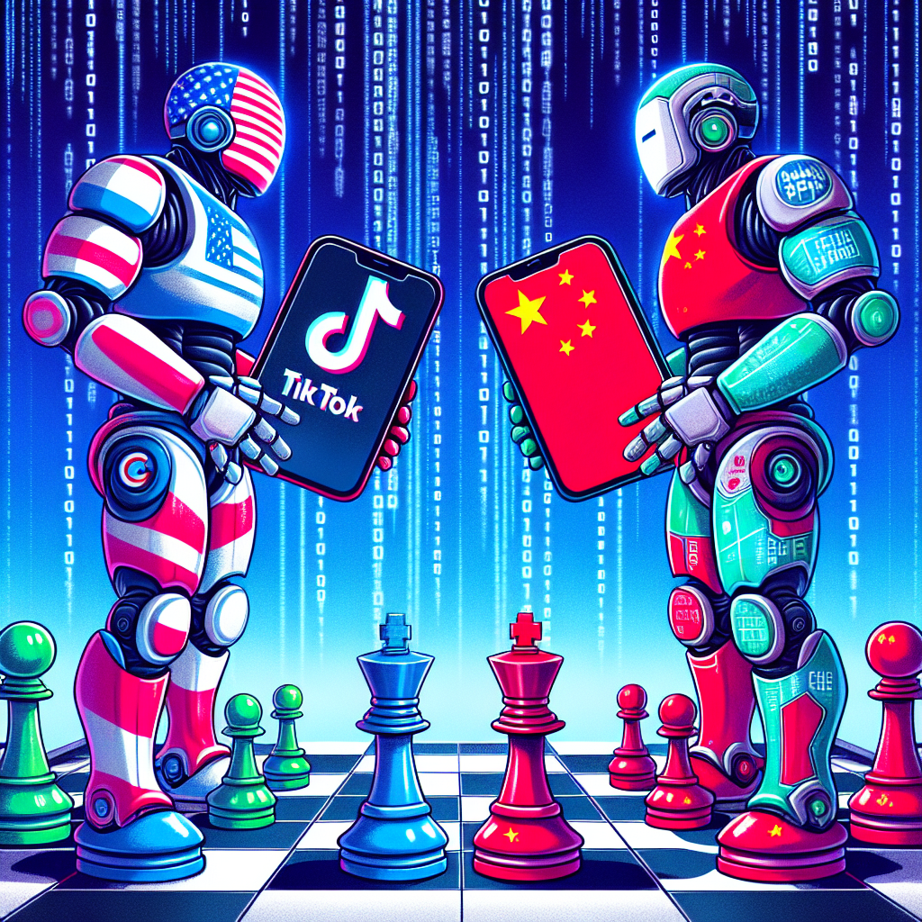 A vivid illustration of the United States and China, personified as giant humanoid robots engaging in a peaceful, intellectual debate. The US robot is holding a giant smartphone displaying the TikTok logo, while the China robot is thumbing through a large book titled 'Tech Solutions'. They're standing on a chessboard terrain, indicating strategic thinking with pieces representing various tech symbols. Both robots exhibit neutral expressions, suggesting an open dialog rather than aggression. The background is digital space rendered in binary code waterfall, representing the realm of cyberspace.