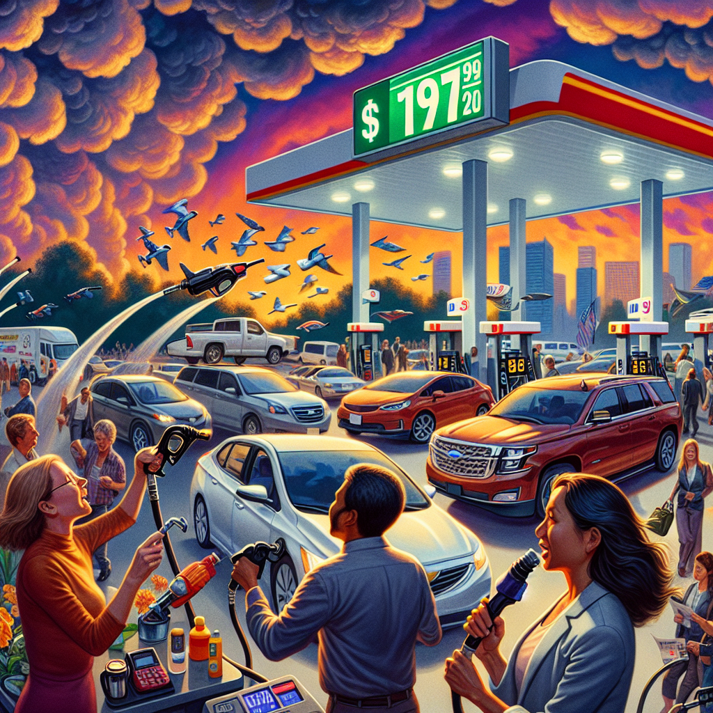An energetic and dynamic scene is taking place at a busy United States gas station in the evening rush hour. Cars are lined up at the pumps, where one can notice the falling numbers on the gas price display sign. The multicultural crowd, including a Hispanic woman with her electric car and a Middle-Eastern man fueling his SUV, is shown discussing the plunging gas prices. In the background, a well-dressed Caucasian woman, identified as a corporate executive, is being interviewed by a South Asian male reporter about the US energy policy shifts. Below the passionate sky painted with hues of dusk, the bustling station becomes a tableau of societal reactions to these national transformations.