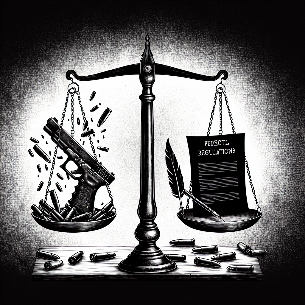 Visualize a balanced scale with symbolic representations of 'gun violence' and 'effective gun control measures' on either side. On the left side, show the scale tilted downwards, with a gun surrounded by a grim, haunting aura, and falling bullets suggesting the consequences of gun violence. On the right side, depict the scale slightly elevated, highlighting a document that symbolizes federal regulations, quill pen, a gavel and a universally recognized peace symbol. Let the two sides maintain a dynamical equilibrium, encapsulating the ongoing balancing act in their coexistence.