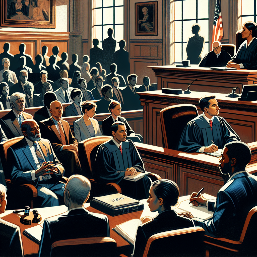 Illustrate an intense courtroom scene set in the United States, with a focus on the details that highlight its high-stakes nature. Visual elements should include a grand court room with high ceilings, a diverse set of individuals such as an African American judge in a black robe at the bench, an anxious Caucasian defendant before the counsel table, applying a mix of half-uncomfortable, half-defiant expressions, a Middle-Eastern prosecutor delivering a passionate argument, while a South-Asian defense attorney calmly jots notes. Extras include a mixed gender jury with people of varied descents attentively listening, and a gallery of observers tense with anticipation.