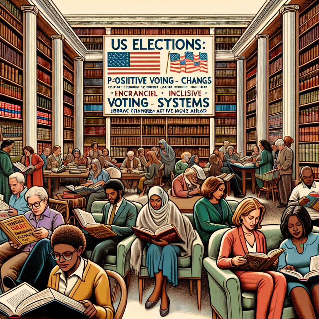A detailed illustration showing a serene library setting with books titled 'Positive Voting Law Changes', 'Democracy Strengthened', 'Inclusive Voting Systems' and more, inspired by sentiments of post-election reassurance and positivity. Various people of different genders and descents such as Caucasian, Hispanic, Black, Middle-Eastern, and South Asian are reading the books, discussing politics and laws, and showing deep engagement with the content. The tone is one of optimism and progress, and a large banner in the background reads 'US Elections: Embrace Changes and Positive Moves Ahead'. This image should have an overall harmonious and peaceful tone.