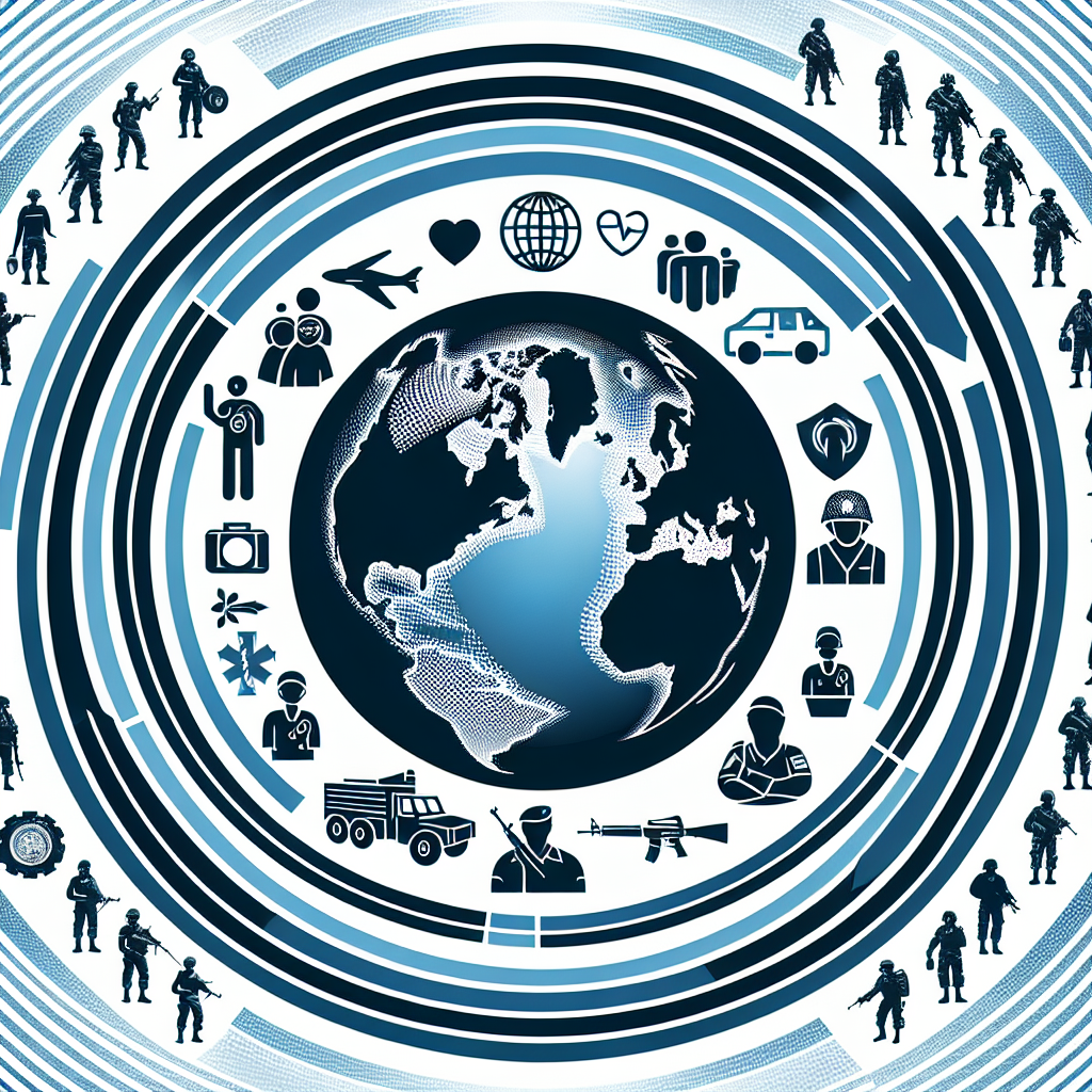 Illustration of a symbolic representation of global security. Feature a globe with semi-transparent concentric circles representing layers of protection. On one part of the globe, depict symbols of humanitarian aid such as food, medical supplies, and shelter. On another, include military-related elements like non-specific army personnel of various descents, both male and female, along with generic military vehicles. Please avoid any specific references to any country, focusing instead on the concept of global security commitments.