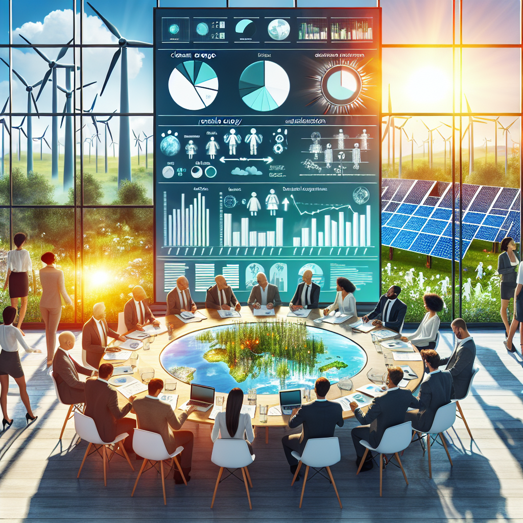 An image illustrating a lively business meeting occurring at a round table filled with various people of diverse descents and genders discussing clean energy investments. There are documents on the table, highlighted with pie charts, diagrams, and bar graphs representing renewable energy sectors. A large screen in the background shows positive climate change legislation. The sun shines in through large, glass windows, revealing a backdrop of wind turbines, solar panels, and a lush green forest, symbolizing the practical implementation of clean energy solutions and sustainable development.