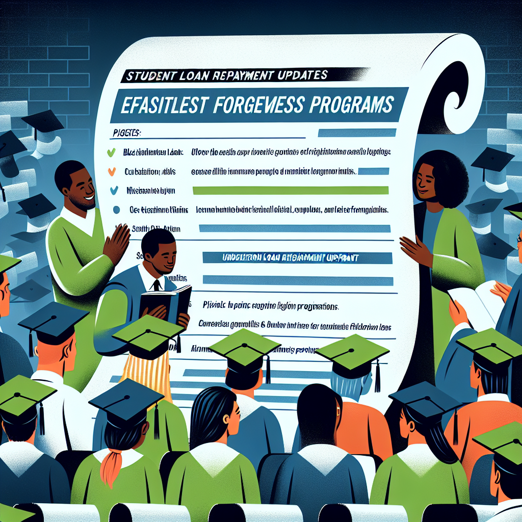 An information-rich scene illustrating student loan repayment updates with the central theme being effortless forgiveness programs. Utilize shades of green and blue to represent financial growth and stability respectively. Picture a diverse assortment of students across genders and descents such as Black, Hispanic, Caucasian, Middle-Eastern, and South Asian, reading pivotal points of the update highlighted in a scroll or pamphlet. The background can contain a monochromatic wall of mortarboards symbolizing graduations. Also throw in some elements of joy and relief in their facial expressions.