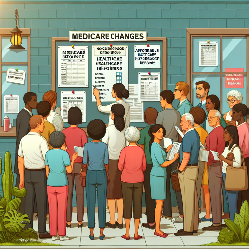 Visualize the concept of Medicare and Healthcare Insurance Reforms. Show a not-so-busy neighborhood clinic with a diverse crowd of people from different genders and descents such as Caucasian, Hispanic, Middle Eastern, South Asian, and Black. They are looking curiously at a pin-board where documents showing new healthcare policies are visibly pinned up. The scene should also include a health worker, a Caucasian female, handing out leaflets detailing affordable healthcare insurance reforms. Make sure to add a signboard reading 'Medicare Changes' prominently in the image.
