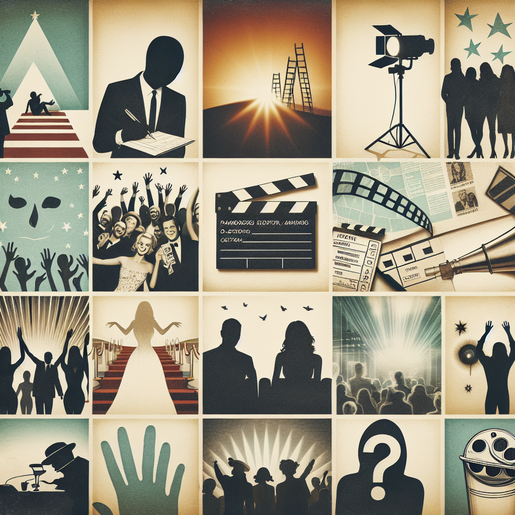 A collage depicting key events and milestones in the lives of anonymous people, with subtle, tasteful nods towards paparazzi culture and classic Hollywood iconography. The image should have a touch of melancholy to represent passing, but also show happiness and celebration at achievements. Avoid any specific references to real celebrities or individuals. Display ephemeral symbols such as a clapboard, a film reel, and a spotlight. Similarly, symbols representing death such as an hourglass, a sunset, and a folded script can be incorporated.