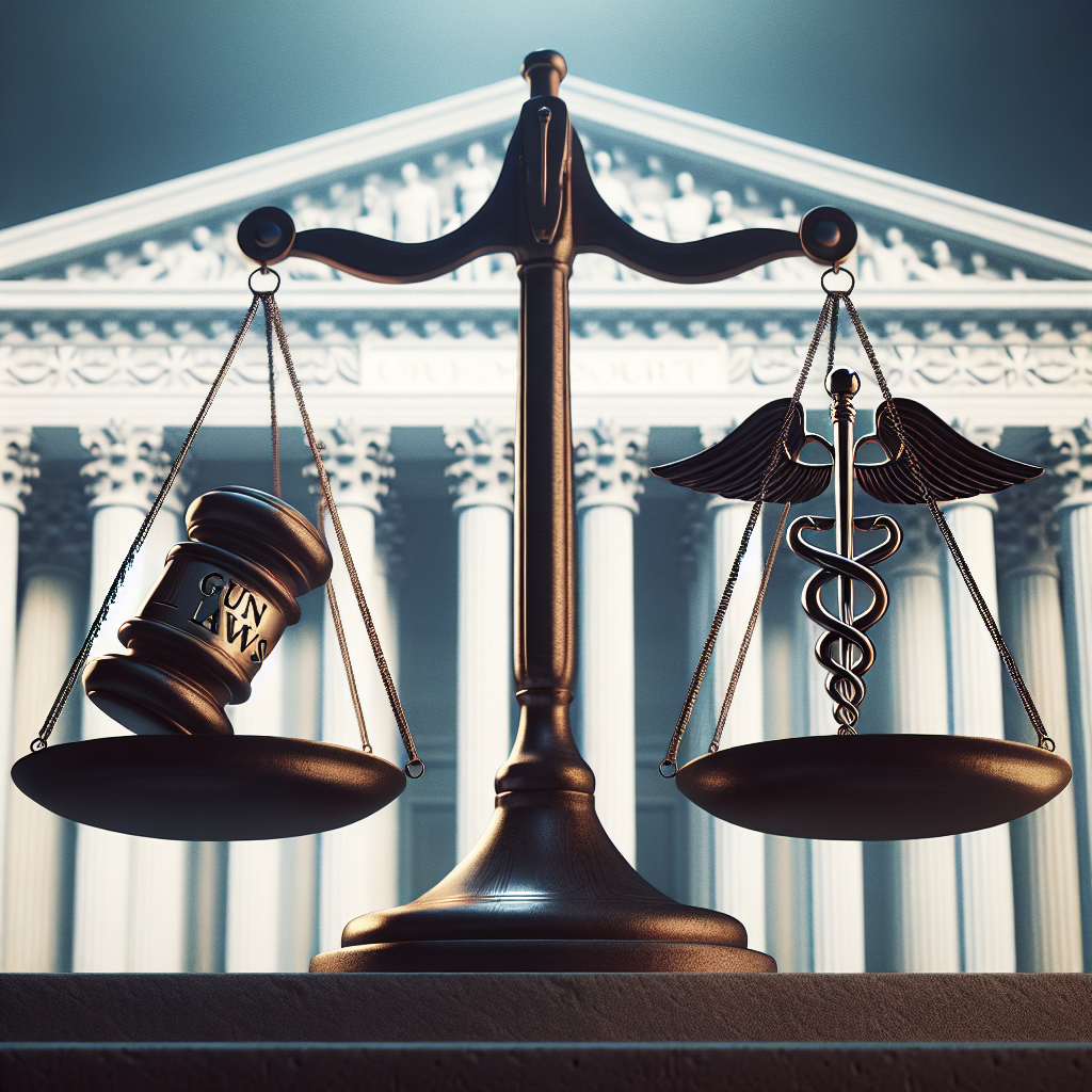 A symbolic representation of a pair of scales of justice evenly balanced. On one side, a stylized gavel with the engraved word 'Gun Laws' and on the other side, a medical symbol (caduceus) with the engraved word 'Abortion'. In the background, an imposing monument-like building representing the Supreme Court. The atmosphere is solemn and tense, reflecting the gravity of the major legal decisions.