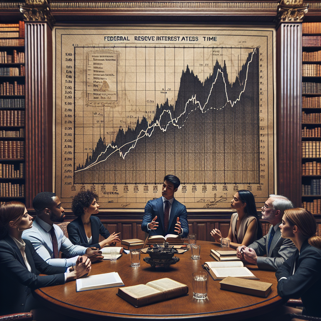 Picture a scene in an old-world library filled with stately wooden shelves of books. A group of people, including a female South Asian economist, a Black man financial analyst, and a Middle-Eastern female banker are gathered around a large round table. They are passionately discussing and analyzing a large, intricate line graph displayed on a grand paper hanging on the wall. The graph represents Federal Reserve interest rates over time, with the inflation rate visible as a secondary line. Pay close attention to the details on the graph alongside the intense, focused expressions on the individuals’ faces.