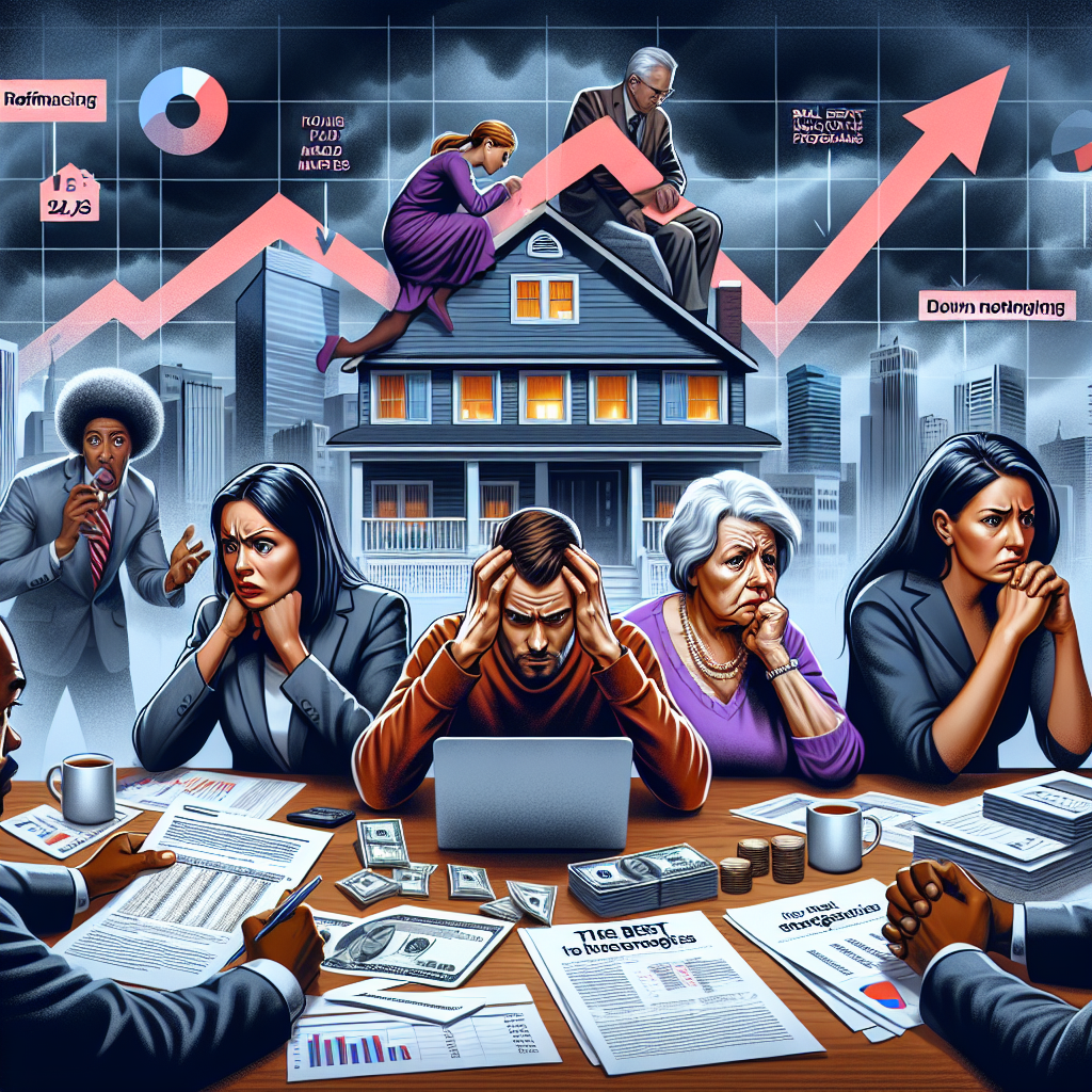 A visual representation of the U.S. housing market in turmoil with a graph showing sharply rising mortgage rates. Perspectives of anxious homeowners and real estate professionals are shown. The homeowners are a diverse group of individuals, a Middle-Eastern female, a Caucasian male, and a Hispanic senior couple, agonizing over documents and financial charts at their kitchen table. The real estate professionals, a Black female and a South Asian male, are having a serious discussion at their office, surrounded by real estate market reports and computer screens showing financial data. Also, include representations of the best strategies such as refinancing and down payment assistance programs.