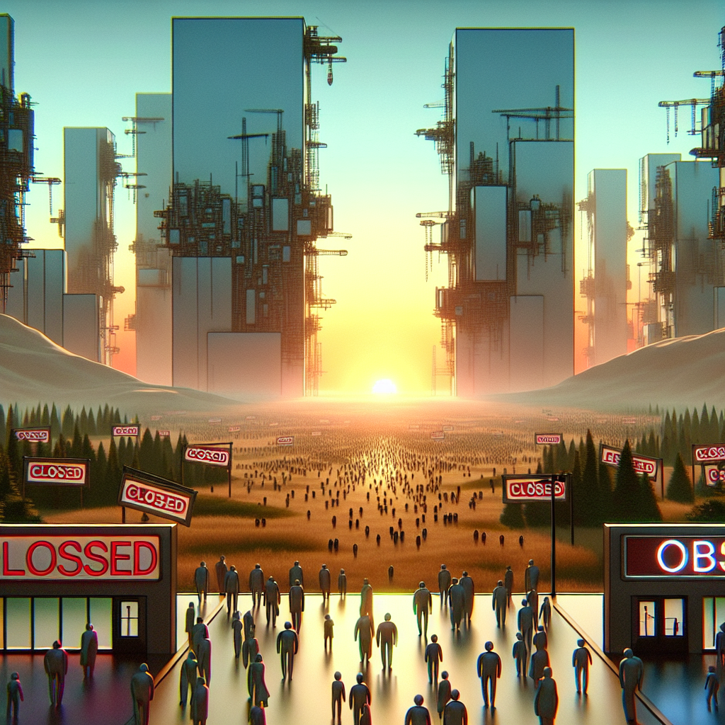 Illustrate the concept of major technology companies going through tough times. Show a symbolic representation of mass layoffs which does not in any way degrade, objectify or misrepresent those affected. Perhaps represent giant, futuristic-looking buildings overshadowing a landscape filled with 'closed' signs and empty office spaces. A handful of humanoid figures wandering aimlessly, displaying different descents like Caucasian, Hispanic, Black, Middle-Eastern and South Asian, may signify the lost workforce. The overall mood of the scene should be solemn but hopeful, with a rising sun in the background hinting at possible recovery.