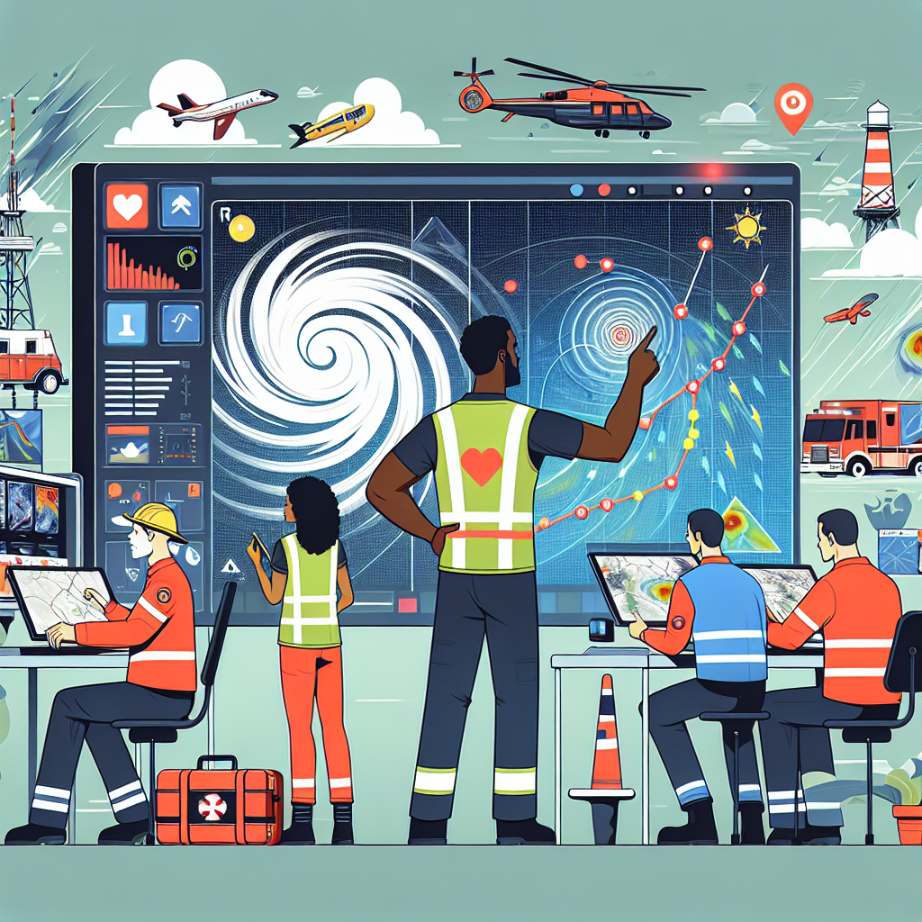 An illustration representing emergency preparedness for the hurricane season. In the foreground, a mixed-race male emergency worker wearing a hi-vis vest is pointing to a large display screen showing live weather updates and impending storm trajectories. In the background, diverse emergency responders, composed of a Black female meteorologist interpreting data, a Caucasian male technician operating a weather radar, and an Asian female coordinating the disaster response operations, are working diligently. Iconic symbols of hurricane and emergency response, such as high winds, rain clouds, emergency vehicles, and communication devices, are interspersed throughout the scene.