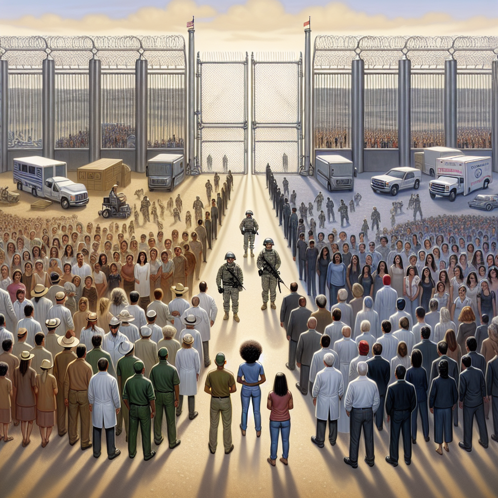 Visualize a scene showing a symbolic representation of a change in immigration policy. At the center, depict a large gate, half open, signifying an increased yet controlled access. On both sides of the gate, illustrate a mixed group of people, of various occupations standing at a distance, including doctors, teachers, engineers, artists, and farmers among others. Each person should represent a different descent such as Caucasian, Hispanic, Black, Middle-Eastern, South Asian. Incorporate imagery of technology and potent security mechanisms, such as security cameras and coded entry systems. This highlights the theme of 'enhanced border security'. Remember to keep the scene dignified, respectful and neutral, as this is a sensitive topic.