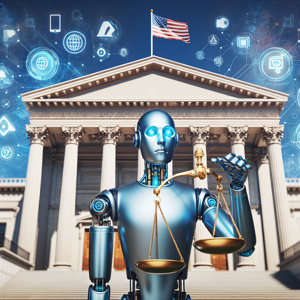 An image of a stately neoclassical building standing under a bright blue sky, with the American flag fluttering in the wind in the center of the frame. In front of the building, we see an AI robot holding a golden scale, symbolizing fairness and regulation. The robot is a metallic silver hue with blue LED eyes. Abstractly visualized around the robot are various regulatory symbols and iconography related to cyber data protection and network security. The scene depicts the concept of AI regulation and governance being managed at a high level of authority.