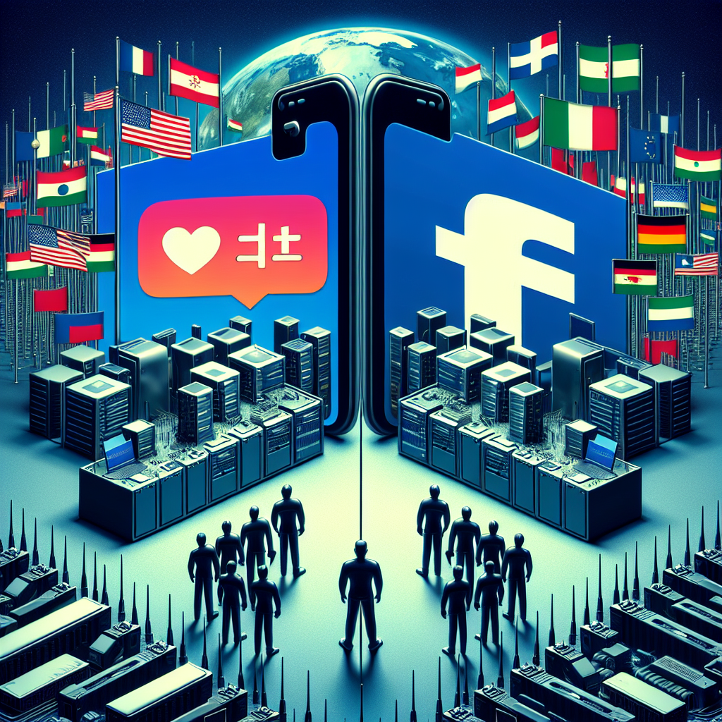 A conceptual illustration depicting the escalating competition and tension in the world of technology between two major global powers. One side is represented by a large smartphone screen displaying a popular social media app logo, indicating its perceived threat of banishment. The other side is symbolized by an array of tech devices like laptops, servers, and processors, suggesting the might of tech industry. The overall scene embodying the metaphor of a 'tech war'. No flags or direct references to specific countries should be included to maintain a neutral and unbiased perspective.