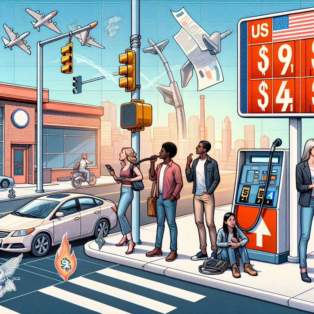 Display a dynamic scene of a typical American intersection demonstrating the high gas prices. Incorporate an illustrative signpost displaying the gas prices at a small, self service gas station where a diverse range of individuals: a Caucasian woman on her way to work in a hybrid car, a Black man parking his motorcycle, and a South Asian teenage student waiting at the bus stop, are reacting to the price. Overlay this image with a semi-transparent road map of the US showing energy infrastructures and policy regions. Lastly, there's a paper guide to US energy policy emerging from the horizon.