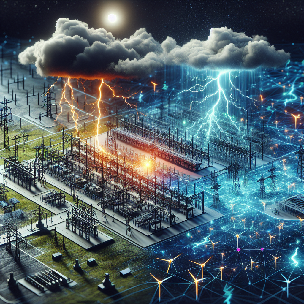 A detailed visualization of a country's interconnected power grid, mapped out across its landscape. A series of large substations are highlighted, connected by a web of power lines, that pulse with a vibrant neon light illustrating the electric current. On one side, grey storm clouds gather, their lightning reaching towards a substation, indicating the risk of failure. On the other side, the sun shines brightly, highlighting a group of wind turbines, solar panels, and hydroelectric dams, portraying the renewable energy sources as a solution to avoid nationwide blackouts.