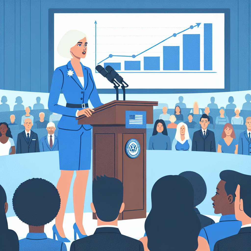 Illustration of a fair-skinned female legislator giving a passionate speech on stricter gun control laws. She stands in front of a podium sporting a bold, blue pantsuit. The audience, consisting of people of different genders and descent like Hispanic, Black, Middle-Eastern, South Asian etc., listens attentively. In the background, a large screen displays a chart showing a significant drop in gun violence rates due to effective legislation. The scene captures the hope and determination for a safer future.