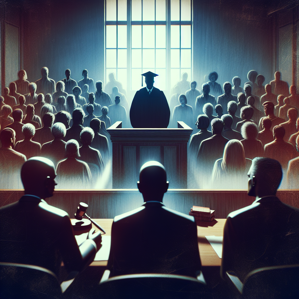 A conceptual scene of a court room trial that is representative of high-profile criminal trials in the US. In the foreground, please depict a racially diverse jury of men and women, intent on the proceedings. To convey the impact of the verdict, capture packed public galleries on the sidelines, engrossed in proceedings. The focus should be on the tension and gravity of the situation, with all eyes on the judge who is obscured by a dramatic silhouette. Please refrain from using recognizable figures in order to respect privacy.