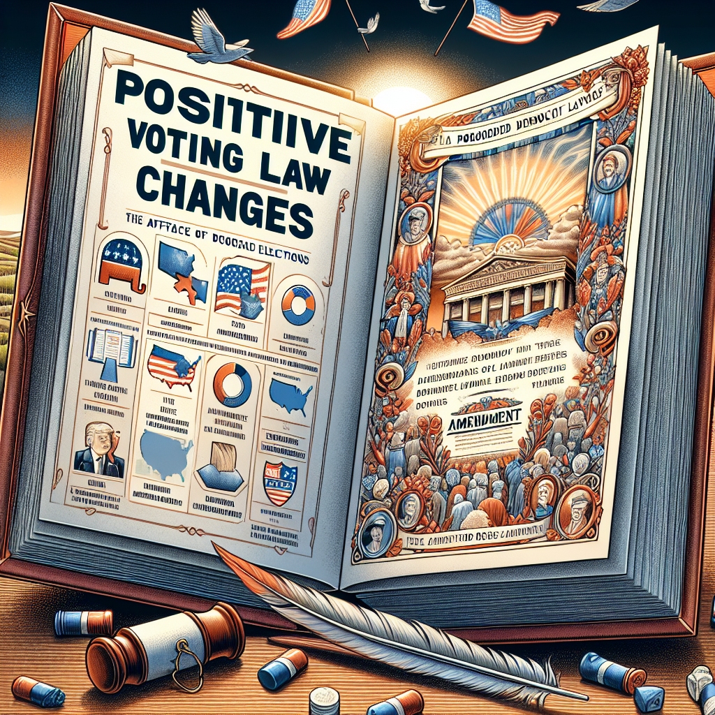 An open guide book titled 'Positive Voting Law Changes', with pages filled with charts, graphs and infographics about the aftermath of the US elections. The cover of the book is embellished with symbolic depictions of unbiased democratic processes including an antique ballot box, diverse representations of the electorate, and a quill pen over an amendment document. In the backdrop, a scenery of a horizon with a rising sun symbolising optimism and change.