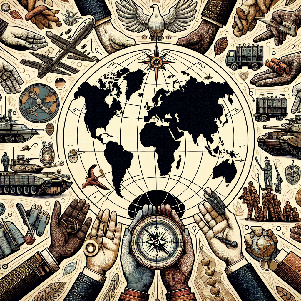 An intricate illustration depicting the concept of global security. Display a map of the world prominently in the center, with symbolic representations of military resources like tanks, aircraft, troops shown on the edges. Show several hands in multiple skin tones, implying a diverse group of strategists, holding a compass and binoculars to symbolize strategy and foresight. Include symbolic elements like an olive branch or a dove, representing peace. Please evoke a sense of careful planning, collaboration, and the goal of security.