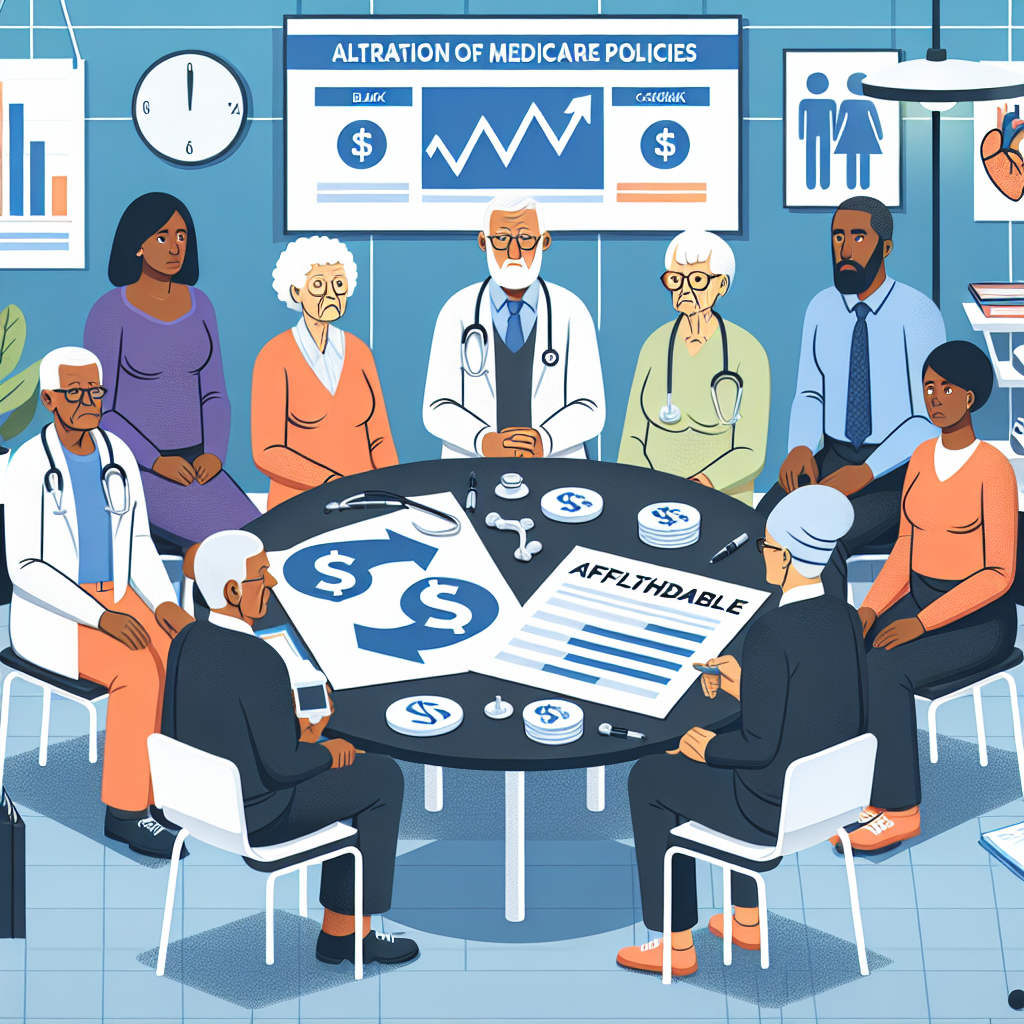 Illustrate a detailed scene related to an article theme about the alteration of Medicare policies. Visualize a diverse group of senior citizens of various descents such as Black, Middle-Eastern, and Caucasian, and both genders, male and female, seated around a table. On the table are documents symbolizing healthcare costs, with graphs and dollar signs, indicating a discussion about affordable strategies. Background should depict a healthcare center setting, including medical equipment like stethoscope and diagnosis charts hanging on the wall. The overall mood should be optimistic.