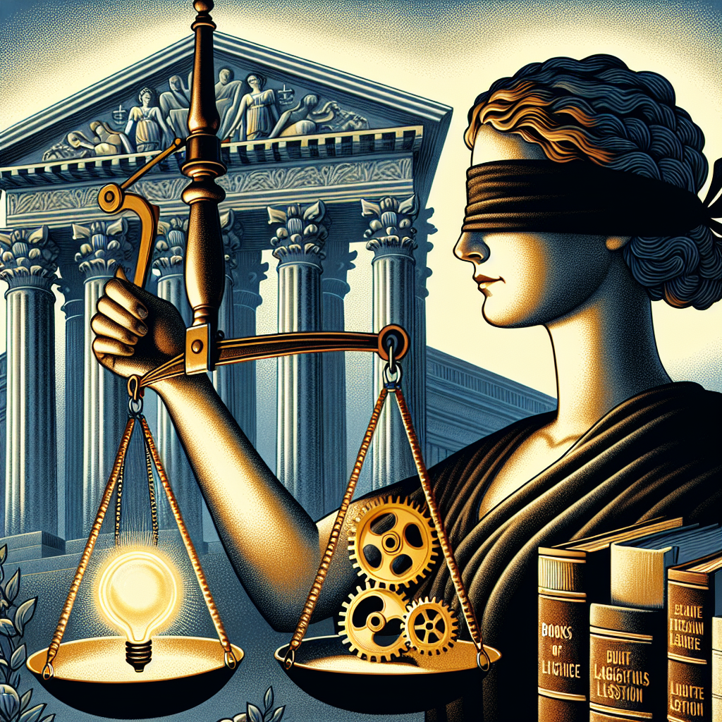 Illustration for a judicial article: A balanced scale, clutched in the hand of Lady Justice, a blindfolded woman dressed in classic robe. One side of the scale holds a lighted cogwheel symbolizing 'Insights' while other side is weighed down by books of legislation. In the background, the silhouette of an imposing neoclassical architecture symbolizing the Supreme Court. The overall mood of the image conveys analysis, justice and understanding.