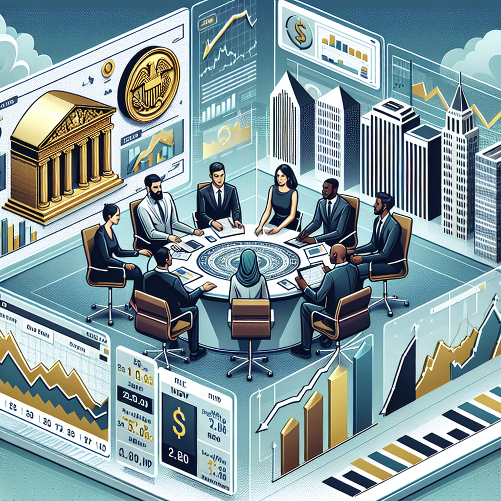 A detailed illustration of a financial concept scene set in the economic hub of a city with high-rise buildings. A diverse group of individuals, including a Middle-Eastern man, a Caucasian woman, a South Asian woman, and a Black man, are shown strategizing around a large round table. They are surrounded by digital screens displaying live updates of interest rates, graphs, and financial news. In the foreground, a large, gold symbolic representation of a Federal Reserve Bank is present implying the interest rate factor. Economic graphs and financial bar charts are also depicted.
