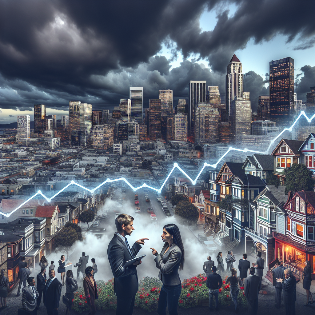 A bustling cityscape depicting diverse architectural styles that includes both residential and commercial buildings. In the foreground, a large graph superimposed over the cityscape shows a steep upwards trend, symbolizing the surge in mortgage rates. In the mix of the crowd, a Caucasian female financial analyst is discussing with a Middle-Eastern male property investor. Both are pointing towards the graph and looking gravely concerned. The sky above the city is filled with dark stormy clouds, symbolizing the housing market crisis.