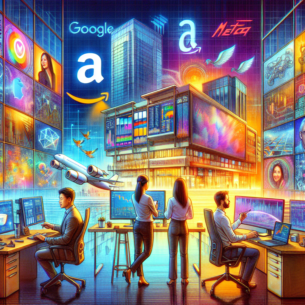 A vivid depiction of an office environment associated with technology companies, filled with symbols of innovation and technological advance such as computers, smartphones, and futuristic gadgets. Showcase employee diversity with a male software engineer of Southeast Asian descent and a female financial analyst of Hispanic descent, both looking at digital data charts. In the foreground, subtly hint layoffs with a single office desk being cleared out and an empty chair. The main company logos, namely Google, Amazon, Meta, and Tesla can be displayed on digital screens or building architecture.