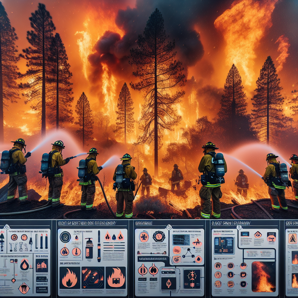 Create an intense image illustrating the extreme conditions encountered during a wildfire emergency. The scene is filled with blazing trees and heavy smoke, with the fierce orange glow of the fire reflecting in the haze. Show firefighters dressed in protective clothing, of varied genders and descents, such as Caucasian, Hispanic, and Black working tirelessly with hoses and other fire control equipment. In the foreground, display a variety of strategies for combating extreme heatwaves, like spray systems and shielding materials. Don't forget to include clear signage and infographics explaining the best practices in action. Capture the urgency, dedication, and the extreme harshness of the environment.