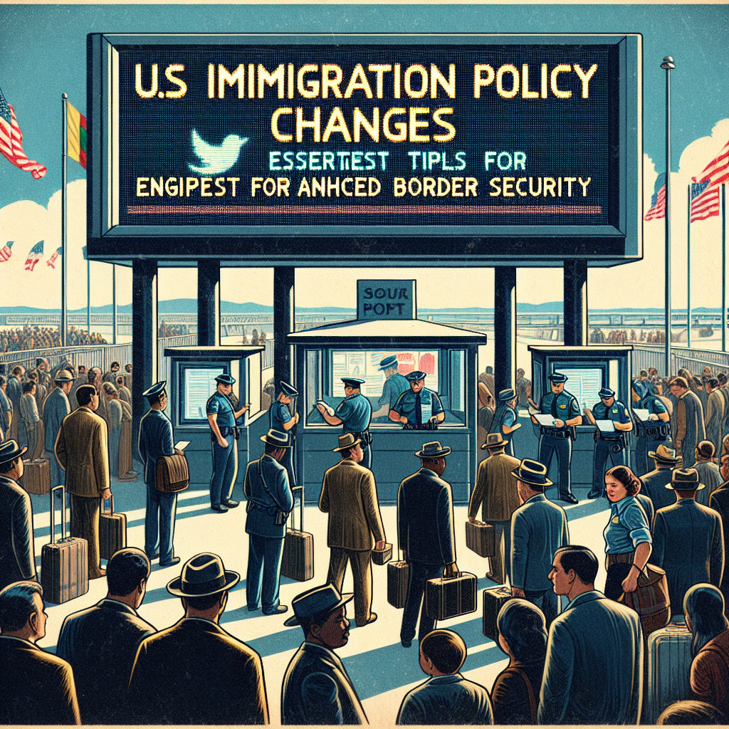 Imagine an illustrative representation that denotes 'US Immigration Policy Changes: Effortless Tips for Enhanced Border Security'. Visualise a huge digital board displaying these words illuminating at the top under a clear blue sky. Below it, a number of checkpoint booths at a busy border crossing with diligent, uniformed immigration officers of varied descents such as Black, Hispanic, and Caucasian, both male and female, reviewing traveller documents. To conclude the scene, depict an organised queue of diverse travellers, waiting patiently for their turn to pass through the border checkpoint. Use the style of a vintage travel poster for a retro outlook.