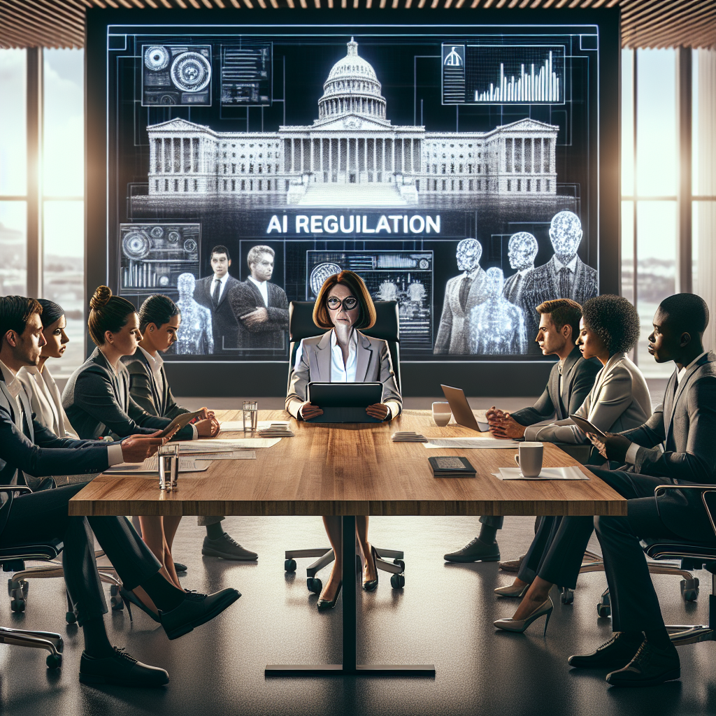Visualize a modern, bustling tech office, with an array of diverse professionals engaged in a panel discussion about Artificial Intelligence regulation. A Caucasian woman wearing glasses and holding a digital tablet is leading the discussion, while a Hispanic man, a Middle-Eastern woman, and a Black man listen attentively. In the foreground, a solid mahogany table displays a document titled 'AI Regulation'. On the background wall, a screen shows an emblematic white building suggestive of government buildings, without directly displaying any specific identifiable ones. Convey a somber yet constructive atmosphere.