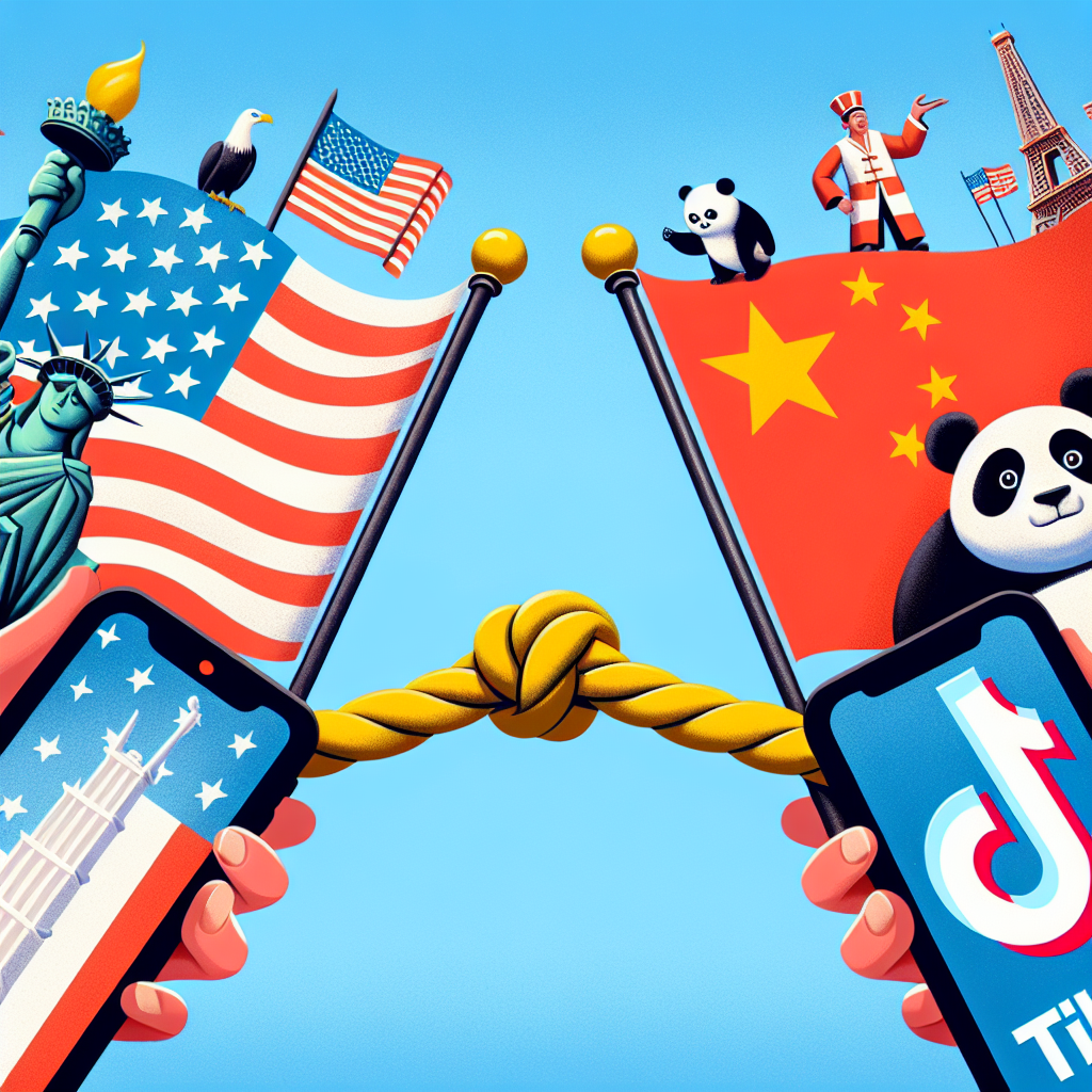 An illustration showing a tug of war, symbolizing the debate surrounding the potential ban of the social media platform, TikTok. On one side, represent US with symbols such as the Statue of Liberty, a Bald Eagle, or the stars and stripes flag. On the other side, feature China with symbols like the Great Wall, a panda, or the red flag with yellow stars. In the middle, show a smartphone with the TikTok logo on its screen. Take care to represent this complex geopolitical issue with sensitivity, ensuring no cultural stereotypes are perpetuated.