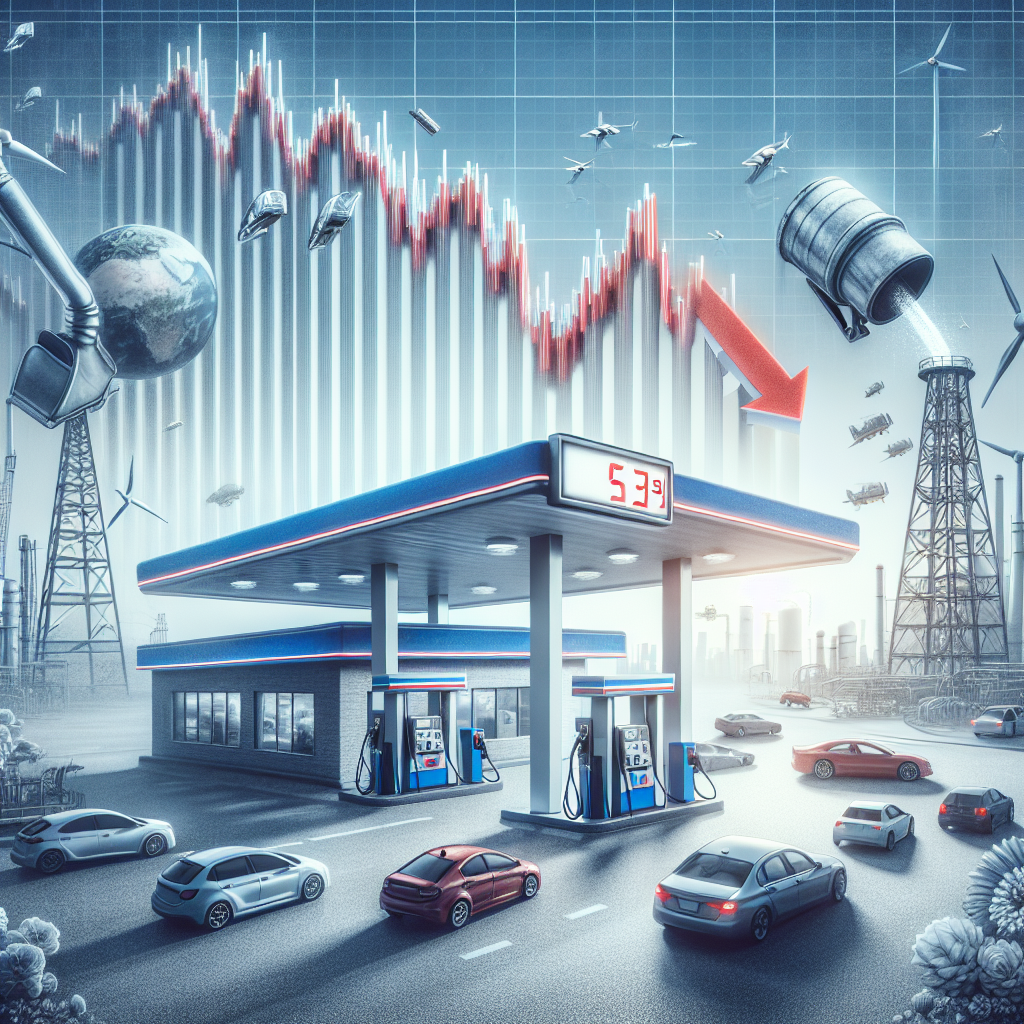 Imagine a conceptual image to illustrate an article about the significant drop in gas prices due to a major alteration in US energy policy. Picture a large traditional gas station with various cars, representing all American individuals, at the pumps. The gas prices on the display board are being visually represented as falling, like stock market graphs in red plummeting downwards. In the background, an industrial scene represents the energy sector, with wind turbines, solar panels, oil rigs, and coal mines symbolizing a diverse energy policy shift. Use a color palette of blues, greys, and greens to invoke a sense of hope and progression.