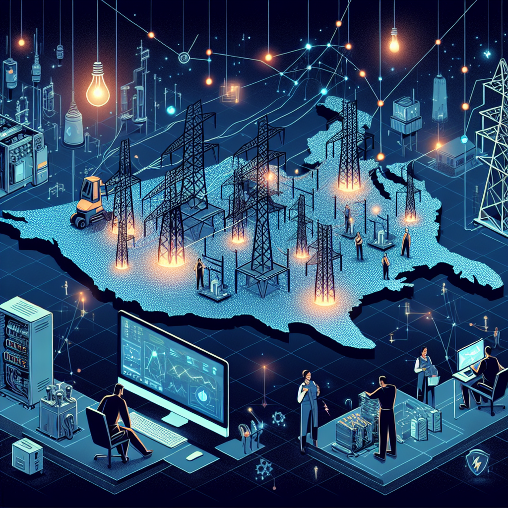 An illustrated image representing power grid risks and preventative strategies against nationwide blackouts. The scene should display a network of interconnected points symbolizing a complex electricity grid spanning across a stylized map of a country. It should also show some points glowing brightly to symbolize healthy parts of the grid, while some other points are dark to represent potential fault points. Depictions of possible strategies: one could be a diverse team of engineers (both male and female from different descents such as Black, Hispanic, Middle-Eastern, and South Asian) working on computer monitors showing data analysis, and another could be workers performing maintenance on electrical transformers.