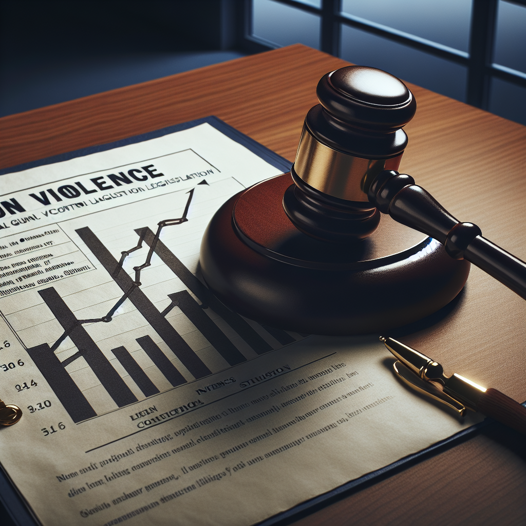 Create a detailed image showing a well-proportioned gavel hammering down on a detailed chart of gun violence statistics on a wooden desk. The chart shows a dramatic rise in incidents, visually implying the need for immediate action. The scene is composed from an overhead perspective, drawing attention to the gavel and chart as primary focal points. To ensure a neutral atmosphere and to keep focus on the topic, the background is simple yet sombre, perhaps a dusky sky seen through a large office window. Remember, the image should evoke a sense of urgency regarding federal gun control legislation to combat gun violence.