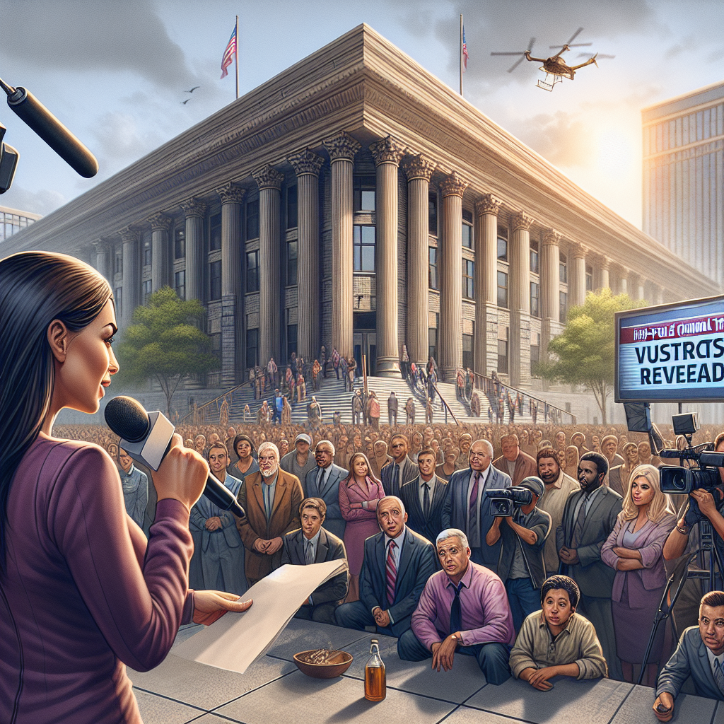 Create an image depicting a dramatic scene outside an impressive looking courthouse. It's a sunny day, and a crowd of diverse onlookers, including Caucasian and Black men and women from different age groups, eagerly await some news. The atmosphere is tense. Meanwhile, a Hispanic female journalist is reporting live, microphone in hand. On her left, a digital screen, shown prominently, flashes the headline 'High-profile Criminal Trials: Must-See Verdicts Revealed'. The scene should capture the high stakes and intense scrutiny that often accompanies these high-profile proceedings.