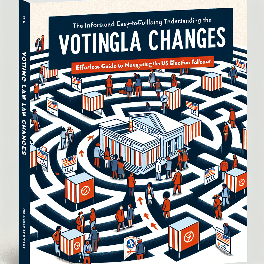 An informative and easy-to-follow guidebook cover for understanding changes in voting laws. The cover displays a maze of polling booths to represent the complex path of these law changes, with navigation symbols like arrows and checkpoints. At the start of the maze, place a mixed race of people, a diverse crowd with Caucasian, Hispanic, Black, Middle-Eastern, and South Asian individuals, all preparing to enter the maze, signifying the beginning of their journey to understanding the new voting laws. All written text should be clear and legible, displaying the title: 'Voting Law Changes: Effortless Guide to Navigating the US Election Fallout'