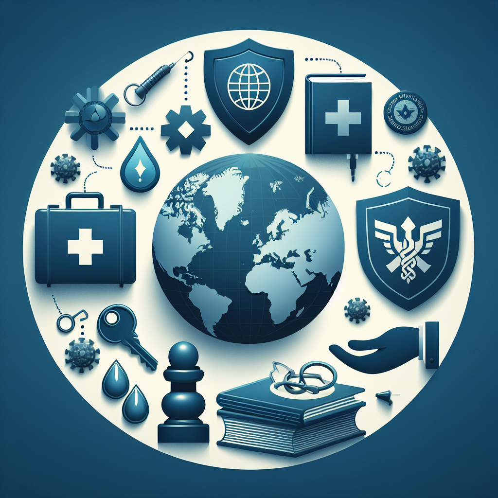 Create an image to illustrate an article about global security commitments. The picture should include key representative symbols: a globe to symbolize the world, a shield to represent security, a set of keys to signify key factors and a First Aid box to metaphorically represent military aid. These symbols should be arranged in a harmonious way. Include a book to indicate making informed decisions, pointing out the importance of knowledge in making choices about security commitments. The overall tone should communicate seriousness and importance of the issue.